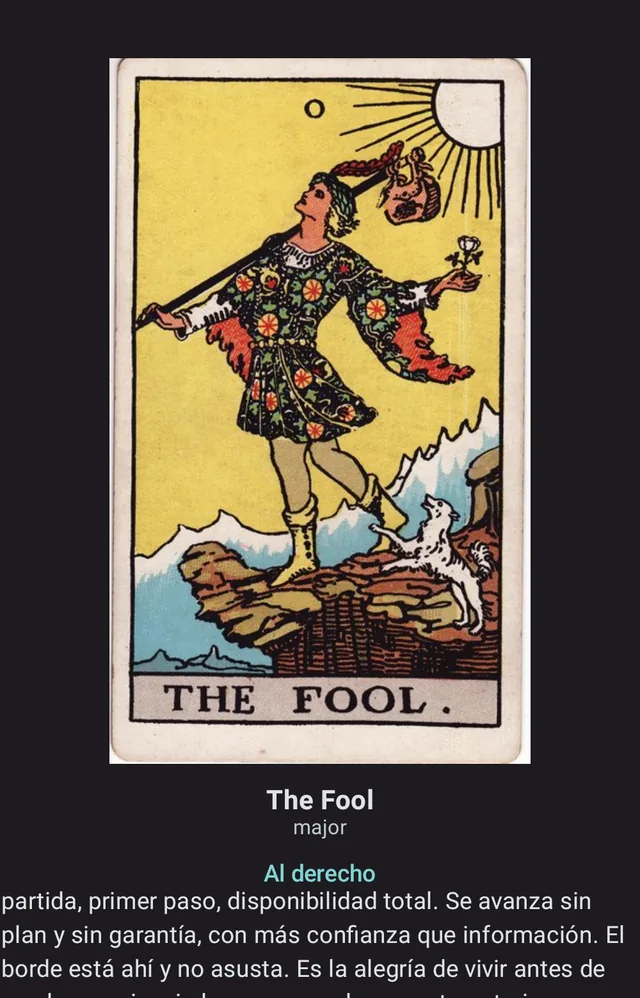 La ficha de The Fool del Rider-Waite, con la estampa completa y su interpretación al derecho.
